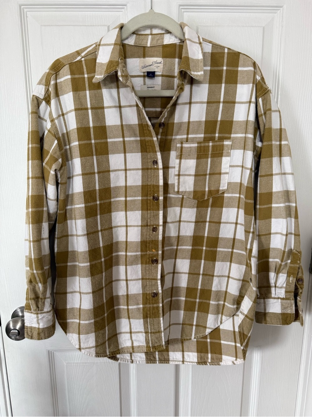Universal Thread Oversized Plaid Flannel Button Up Mustard Cream XS Fall